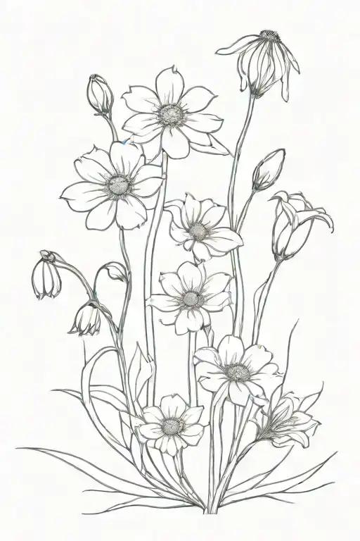 bouquet of dandelions, snowdrops, daisy, morning glory, narciscuss tattoo design idea
