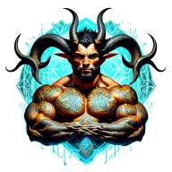 Gay male horned satyr with massive bodybuilder muscles. Background of natural tree roots, vines and patterns tattoo design idea