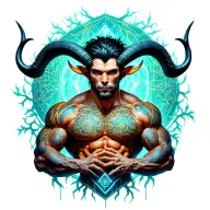 Gay male horned satyr with massive bodybuilder muscles. Background of natural tree roots, vines and patterns tattoo design idea