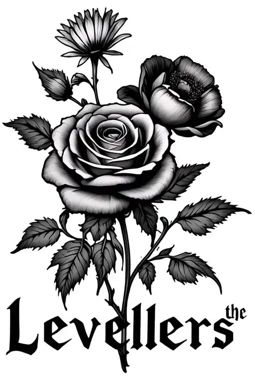 the levellers logo intertwined with a rose. daisy and poppy flower  tattoo design idea