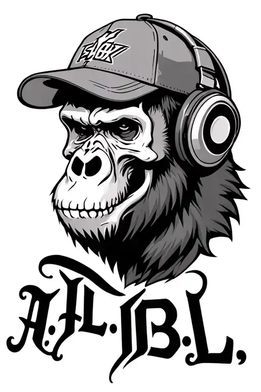 evil gorilla skull wearing headphones and a cap with "A.L.B.L" written underneath in gothic lettering tattoo design idea