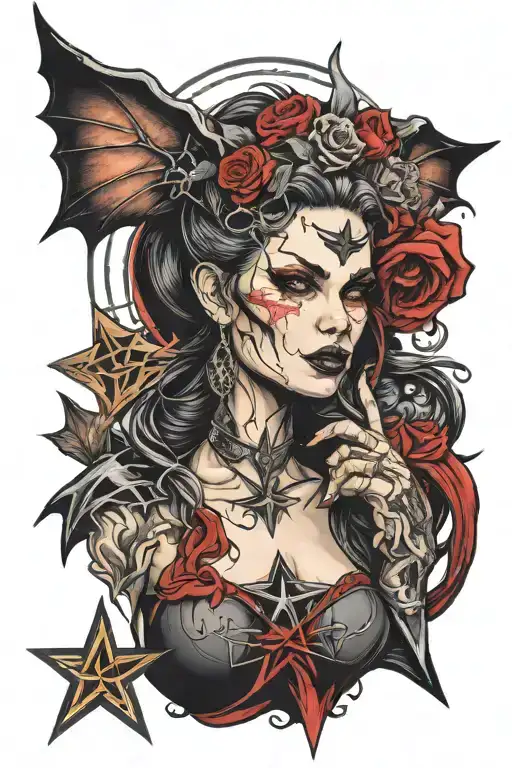 Lilith diablo video game with pentagram portrait tattoo design idea