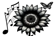 Sunflower with a music note and a butterfly emerging tattoo design idea