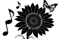 Sunflower with a music note and a butterfly emerging tattoo design idea