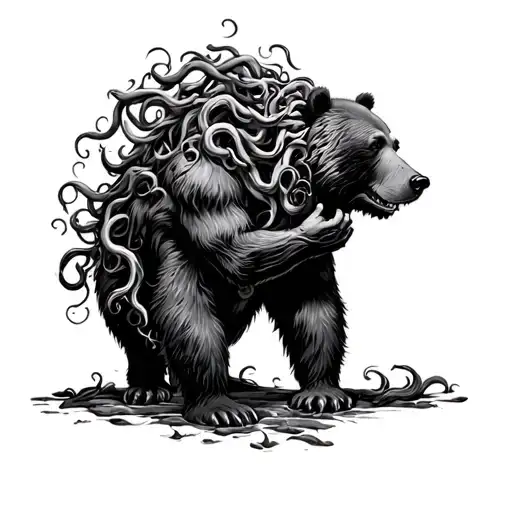 full body medusa touching a bear  tattoo design idea