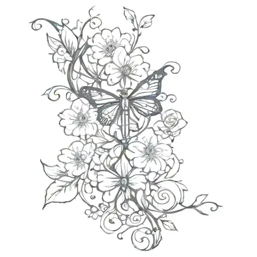 Wrist tattoo that has a flowers that travel up the arm like a vines that incorporates a cross and butterflies. tattoo design idea