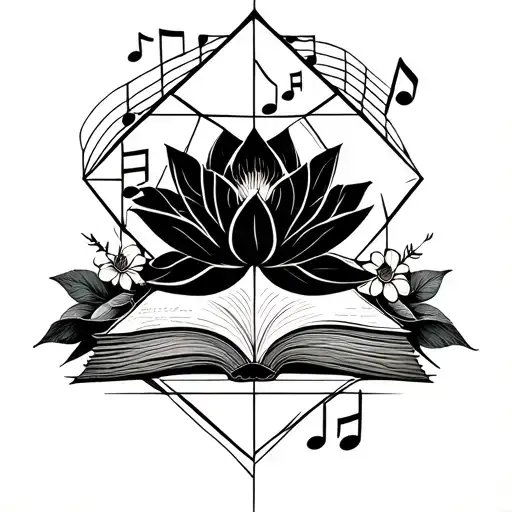 A geometric design incorporating musical notes, lotus flowers, and books tattoo design idea