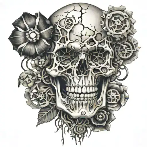 skeleton veins barbwire flowers brain gears  tattoo tattoo design idea
