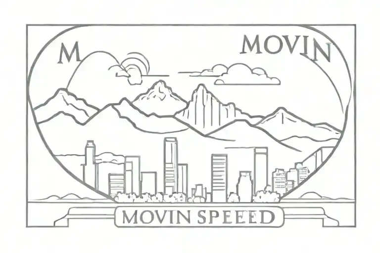 denver city skyline with rocky mountains behind it and the words "Movin' at Godspeed" under  tattoo design idea