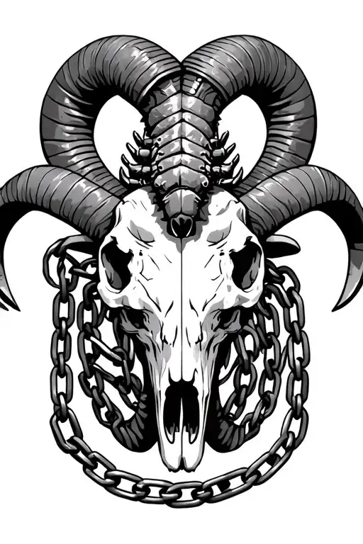 Ram skull sitting in chains with a scorpion on its head tattoo design idea