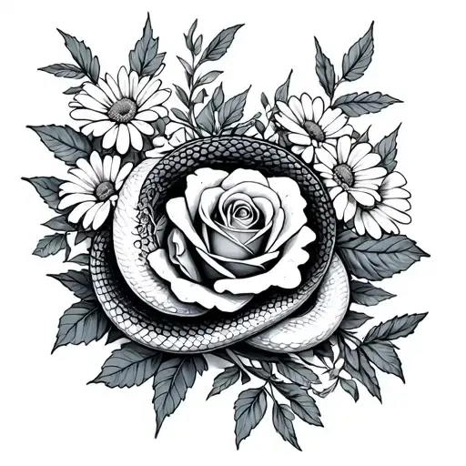 full snake roses daisies and weed leaves intertwined tattoo design idea