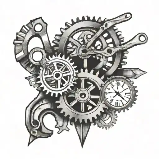 Incorporate roman numerals 7-22-17 and 5-20-20 into a design featuring a mechanic's tools and gears tattoo design idea