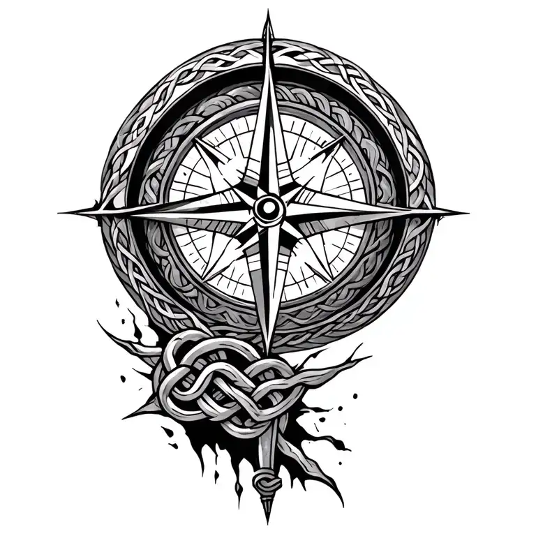 celtic compass with knots and a ripped skin effect tattoo design idea