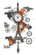 world map, compass, eiffel tower, dubai tower skyline, clock, compass tattoo design idea