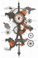 world map, compass, eiffel tower, dubai tower skyline, clock, compass tattoo design idea