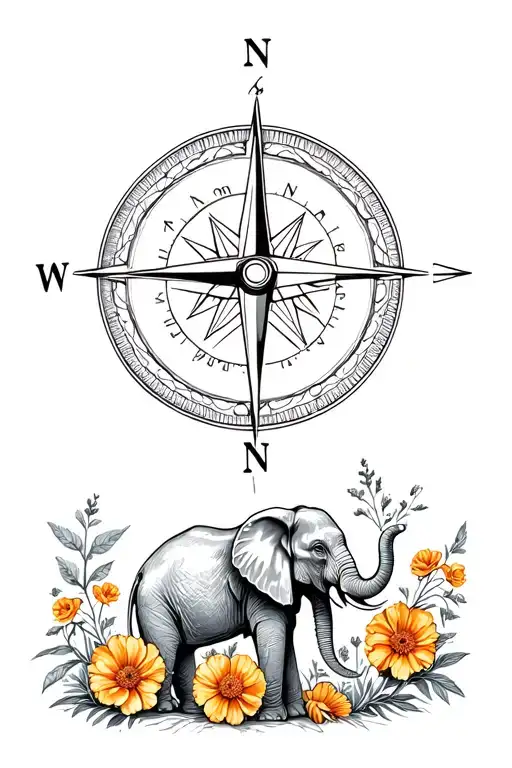elephant and compass surrounded by marigolds morning glory's cosmos tattoo design idea