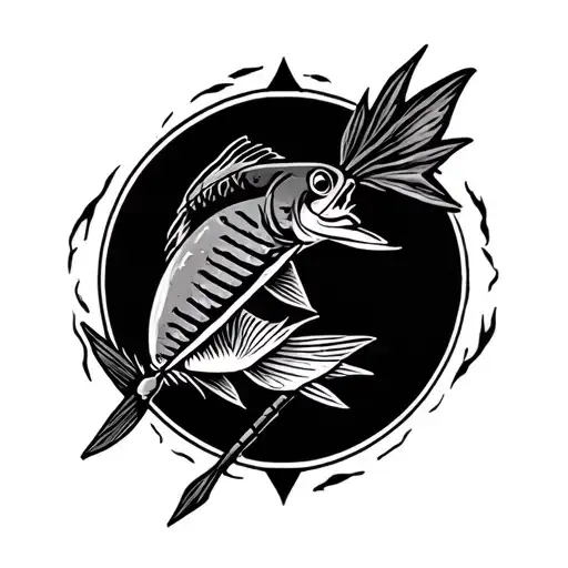 hunting fishing inside arrow head surrounded tattoo design idea