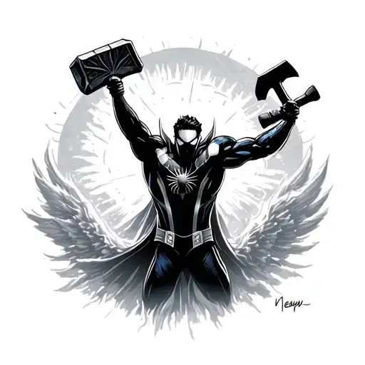 Thor's hammer, Messi's silhouette celebrating heaven, Spiderman logo tattoo design idea