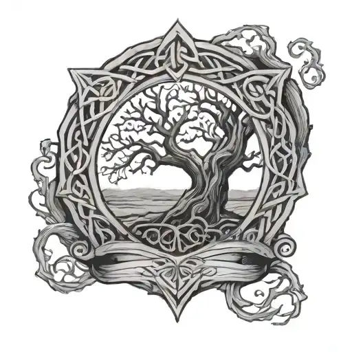 eldritch style tree of life celtic knot growing from cracked wooden shield with overgrowth tattoo design idea