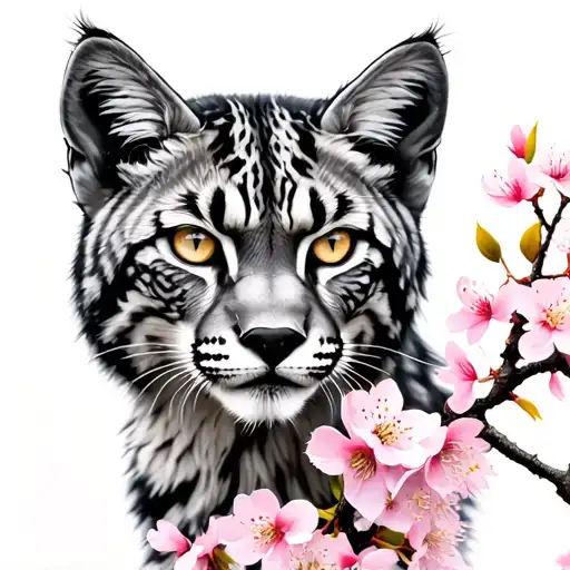 I want a realistic black and grey lynx and cherry blossom tree with colour in the flowers of the cherry blossom  tattoo design idea