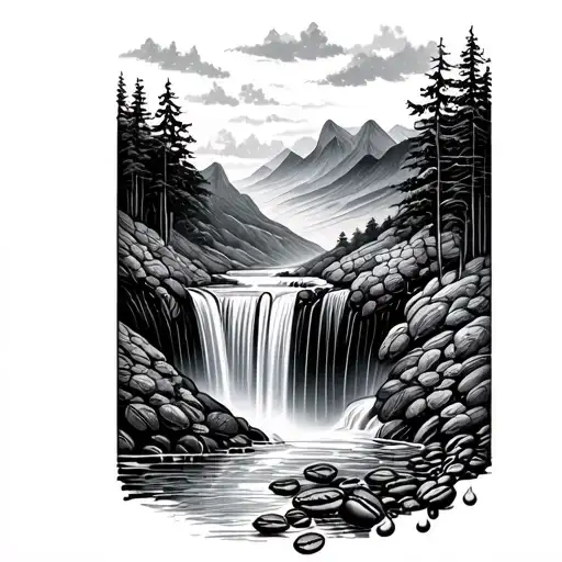 Hills, coffee bean, waterfall, rain drops tattoo design idea