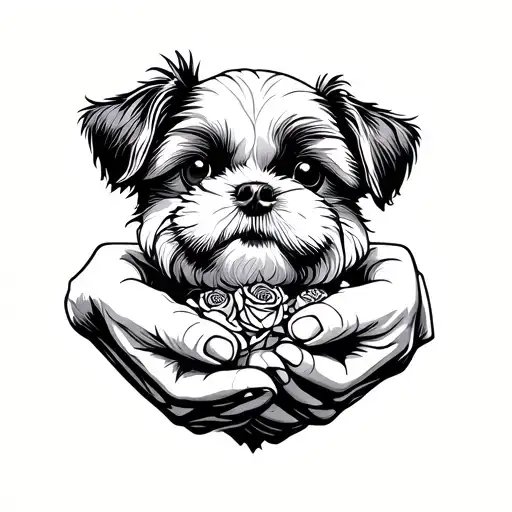 roses and shih tzu dog that stand in two hands holding tattoo design idea