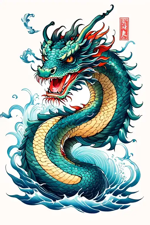 Japanese snake dragon wrapped water and wind tattoo design idea