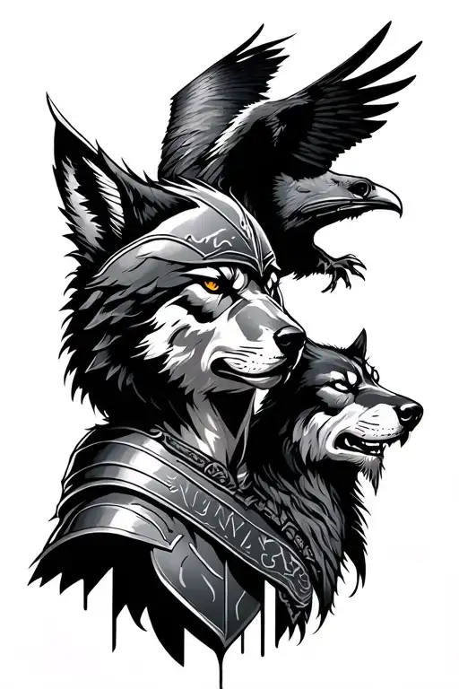 spartan warrior tattoowith a wolf and a raven  tattoo design idea