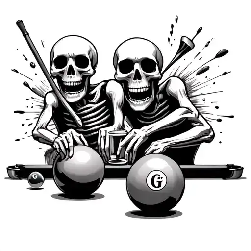 two skeletons playing pool ball breaking, drinking Guinness tattoo design idea