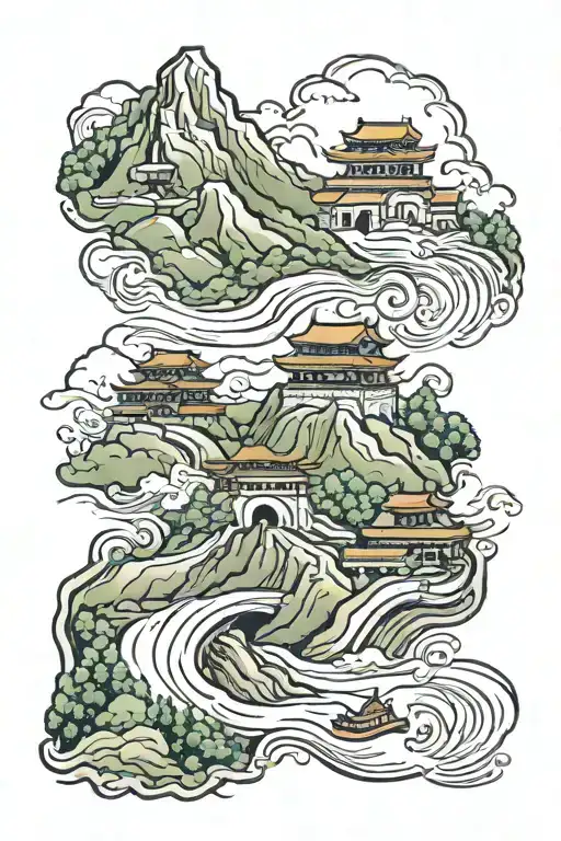 great wall of china river flowing tattoo design idea