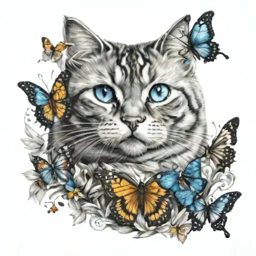 A fat Thai cat with wings and blue eyes surrounded by butterflies  tattoo design idea