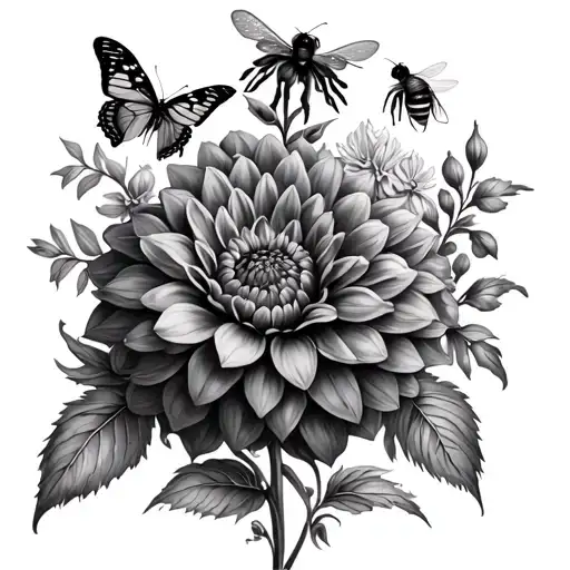 dahlia flower, butterfly, bee, and hyacinth flower tattoo tattoo design idea