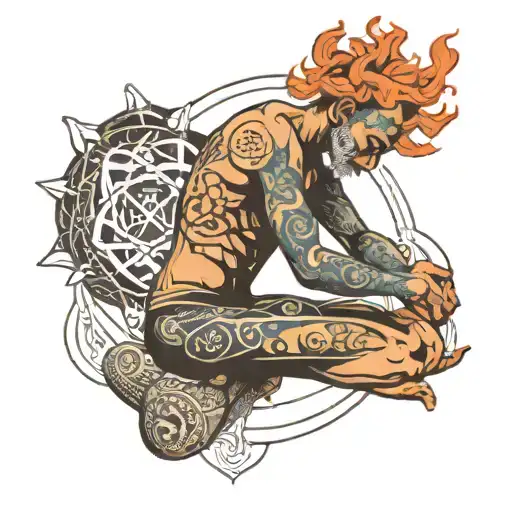 A man in a lotus flower position in the nucleus of a carbon atom, above his head, a DNA chain tattoo design idea