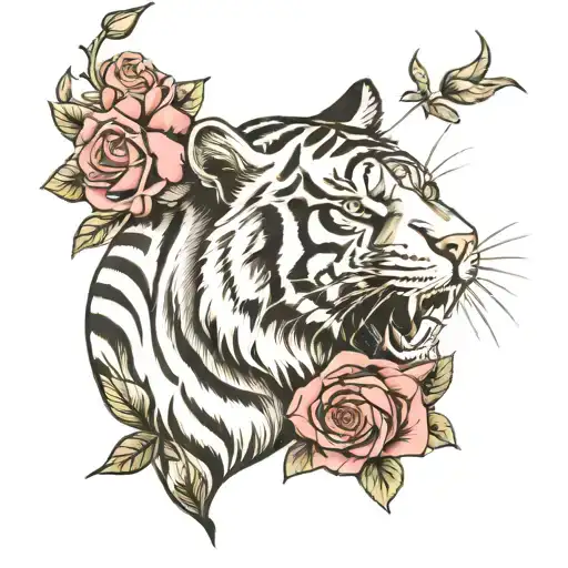 tiger with roses black and white tattoo design idea