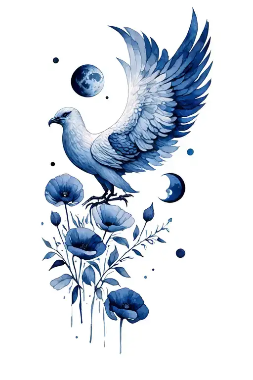 All moon phases around a phoenix with a poppy flower tattoo design idea