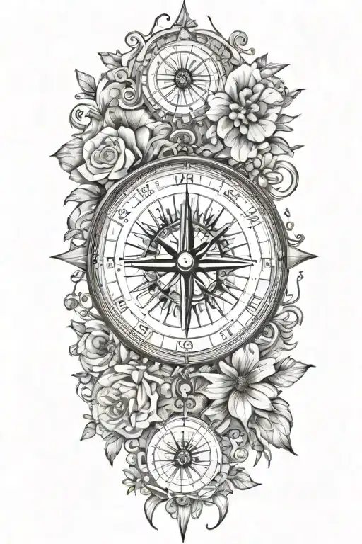 A tattoo design of a compass with each direction pointing towards the birth months flowers of your kids, grandkids, and niece tattoo design idea
