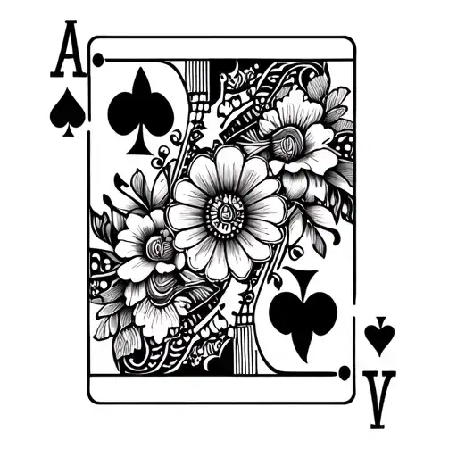 Delicate floral tattoo sleeve with henna style embellishments. Include playing cards; ace of hearts, king of hearts, que tattoo design idea