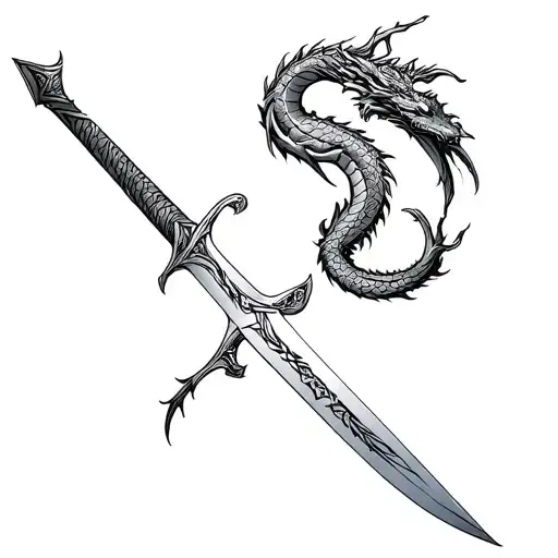 fantasy sword with dragon wrapped around blade tattoo design idea