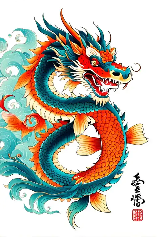 Chinese dragon with koi fish transforming and foo dog with Chinese deities. tattoo design idea