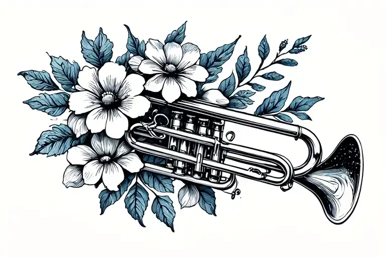 trumpet with flowers tattoo design idea