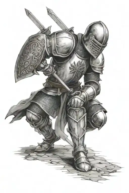A knight in full armour kneeling facing forwards, after a horrific battle, holding the murphys crest as his sheild tattoo design idea