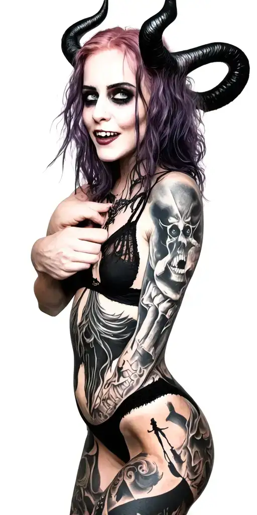 Sexy Pale Girl, petite, big boobs, wide hips, G-String. Messy hair, demonic horns, sexual. Seductive smile. Full Body tattoo design idea