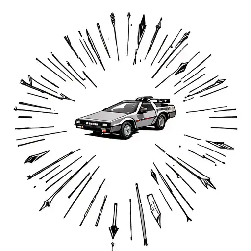 Based on the film Back to the future, only linear, without filling, few colors, delorean, arrows, dates, rays tattoo design idea