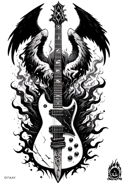Blackwork: dark angel, guitar, katana, hellhound, broken board, ruins, smoke, chaos runes, hidden knight tattoo design idea