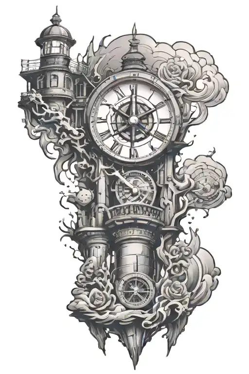 clock melting inside a lighthouse and a compass surrounded tattoo design idea