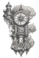 clock melting inside a lighthouse and a compass surrounded tattoo design idea