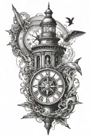 clock melting inside a lighthouse and a compass surrounded tattoo design idea