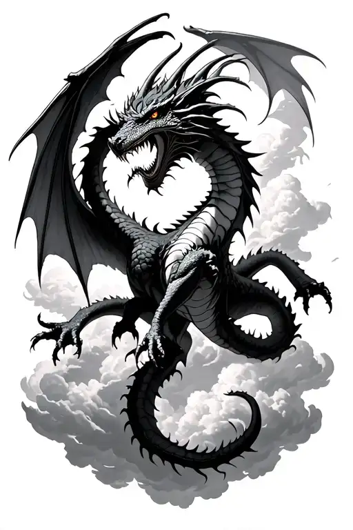 a powerful winged dragon, diving from clouds in a stoop to prey tattoo design idea