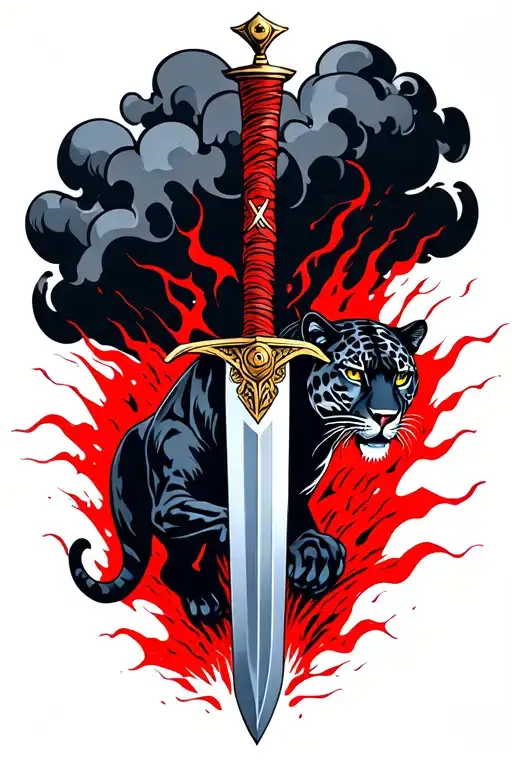 dagger through black storm cloud with  odin's eye pommel and black jaguar climbing the blade in blood red rain tattoo design idea