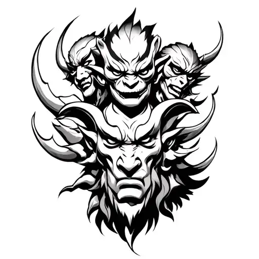 Design a black and white Japanese asura 3 headed back tattoo&nbsp;sketch tattoo design idea